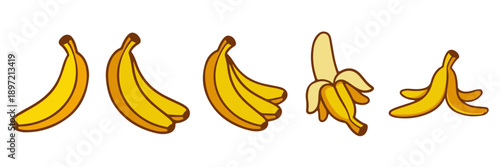 Stages of banana consumption showing fresh whole fruit, peeled banana ready to eat, and left-over skin, illustrating food lifecycle, eating process, and everyday fruit usage concepts