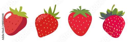 Collection of four charming red strawberry illustrations with green caps, showcasing fresh ripe fruit, natural sweetness, healthy food concepts, vibrant colors, and seasonal produce appeal