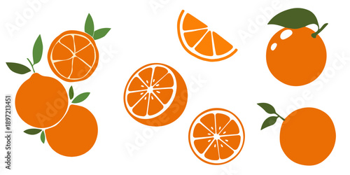 Vibrant collection of fresh orange fruit illustrations in various forms and cuts, including whole oranges, slices, and segments, highlighting citrus freshness, juicy texture, and healthy food concepts