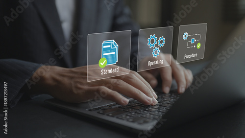Foto Digital SOP management system with virtual icons for workflow, approval and documentation