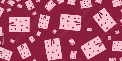 Seamless Pattern of Pink Gift Boxes with Black Dots on Burgundy Background.