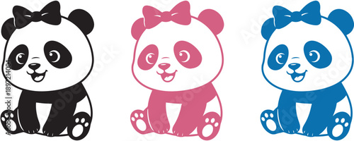 Cute baby panda characters with a bow set, adorable animal silhouettes for nursery design.