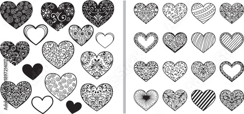 A comprehensive set of decorative heart icons featuring intricate black floral patterns, elegant swirls, geometric fills, and delicate lace-like borders in a romantic, hand-drawn vector style.