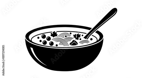 A bowl of cereal with milk and fruits, spoon inside, on a clean background, viewed from the side