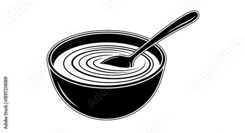 A bowl of yogurt with a spoon in a simple illustration style