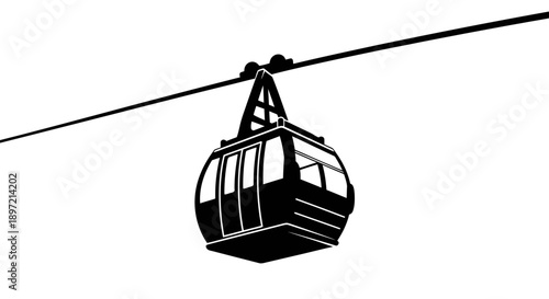 Cable car suspended high above the ground on a cable in a transport scene viewed from below