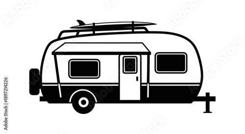 A black and white illustration of a caravan with a surfboard on top viewed from the side