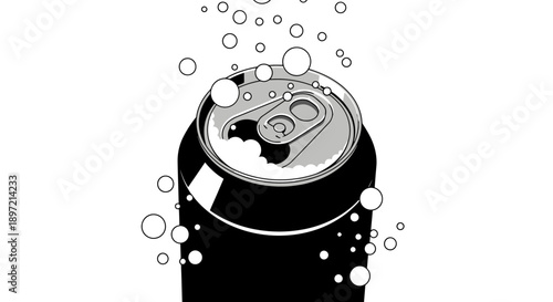 Illustration of a soda can being opened with bubbles rising from the top in a simple black and white design viewed from the side