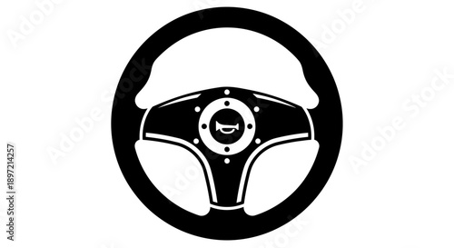 A black and white illustration of a steering wheel viewed from the front with a simple design