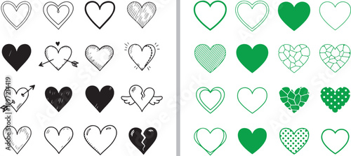 A diverse collection of hand-drawn heart icons in black and green. Styles include outlines, solid fills, patterned designs, and hearts with arrows or wings for various creative projects.
