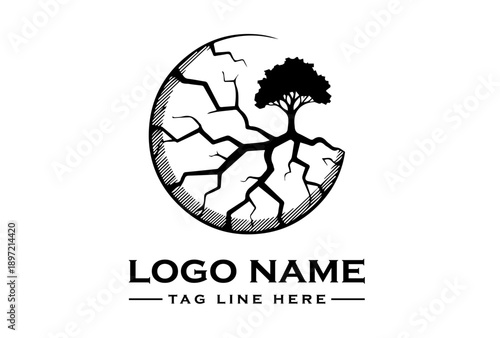 Black and White Cracked Earth Tree Logo Vector for Climate Change Awareness, Environmental Campaign, Sustainability Brand and Nature Conservation Identity