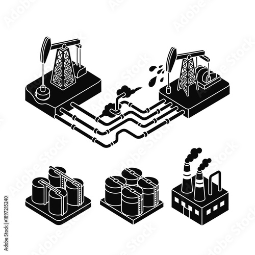 Oil extraction and refining process illustration.