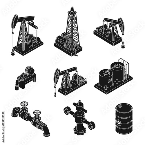 Oil rigs and equipment icons set in black and white.