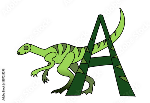 A green vector drawing of an Agilisaurus dinosaurus, with a matching letter A. Part of dino alphabet. 