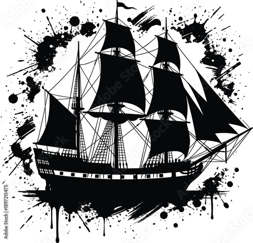 Pirate ship silhouette illustration, vintage sailing vessel with ink splatter background, nautical adventure art, maritime history design graphic