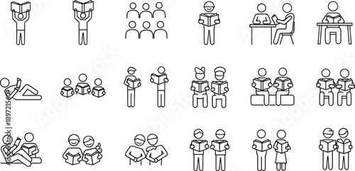 Vector illustration of reading and studying icons—symbols for education, literacy, learning environments, student interaction, academic habits, and knowledge sharing