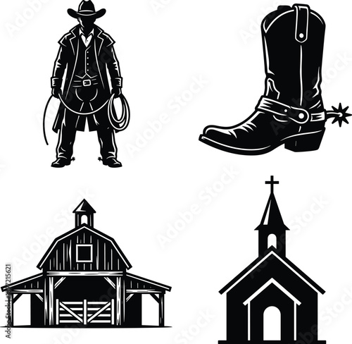 Western cowboy icons set, ranch boot barn church symbols, country lifestyle silhouettes, black vector illustration design elements