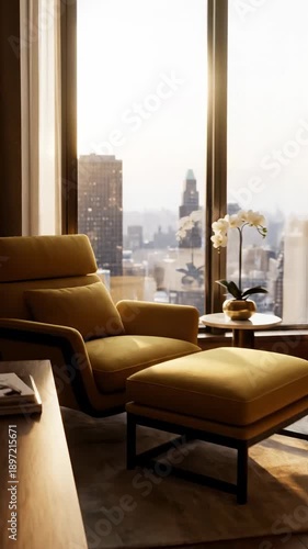 Wallpaper Mural Luxurious Hotel Suite with City View at Sunrise Featuring a Comfortable Bed and Armchair Torontodigital.ca