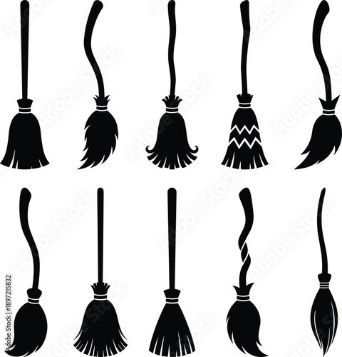 Witch broom silhouettes set, Halloween flying broomstick collection, spooky magic symbols, black vector illustration design elements