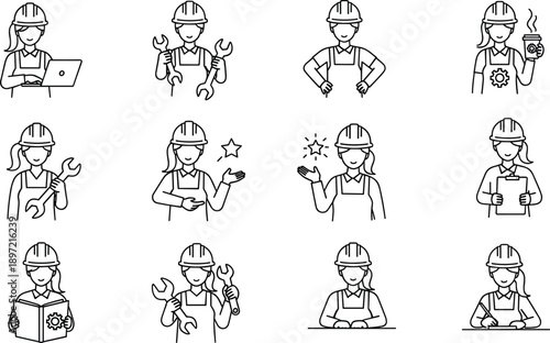Vector illustration of engineering icons—symbols for technical work, tools, innovation, problem solving, industrial roles, workplace diversity, and STEM expertise