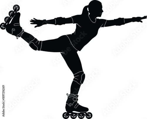 Inline roller skating silhouette athlete balancing on one leg, dynamic fitness sport illustration, black vector figure isolated on white background, minimal modern design