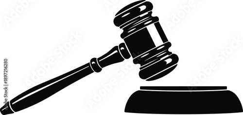 Judge gavel and sound block silhouette icon, law justice and legal court concept, black vector illustration isolated on white background