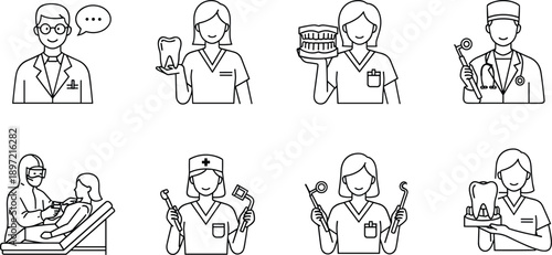 Vector illustration of dental professionals—symbols for oral care, hygiene, dentistry tools, patient treatment, education, consultation, and clinical expertise