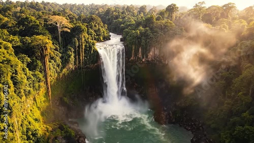 Wallpaper Mural Majestic Waterfall Cascades Through Lush Tropical Rainforest at Golden Hour Sunlight Torontodigital.ca