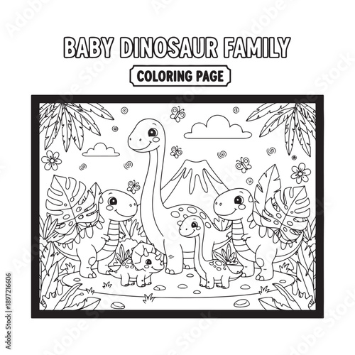 Baby Dinosaur Family Coloring Page, Cute Prehistoric Animals Line Art