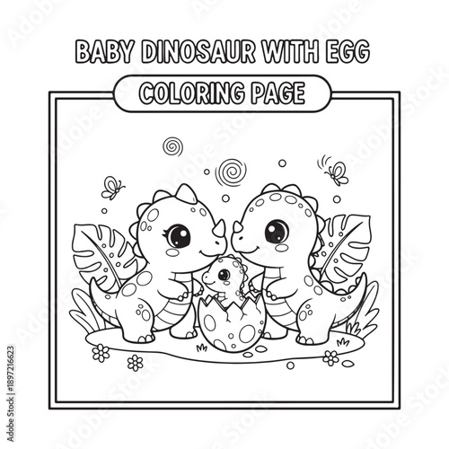Baby Dinosaur with Egg Coloring Page, Cute Prehistoric Line Art for Kids