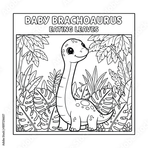 Baby Brachiosaurus Eating Leaves Coloring Page, Cute Dinosaur Scene Outline