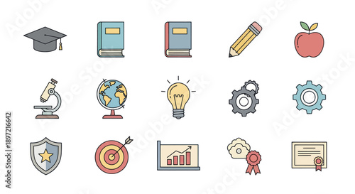 Education Icons Set: Graduation Cap, Books, Pencil, Apple, Microscope, Globe, Lightbulb, Gears, Shield, Target