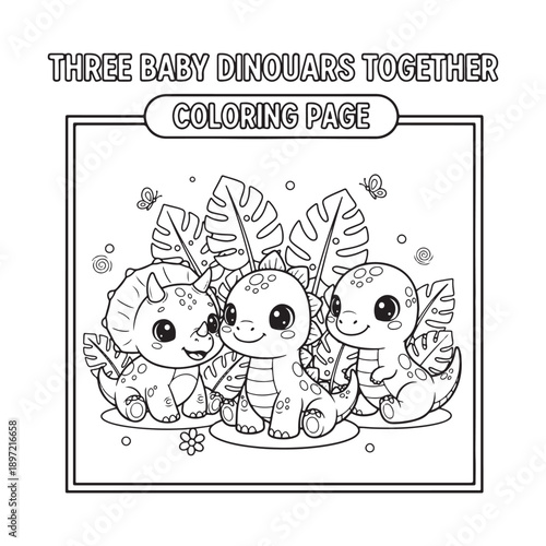 Three Baby Dinosaurs Together Coloring Page, Cute Dinosaur Group Line Art