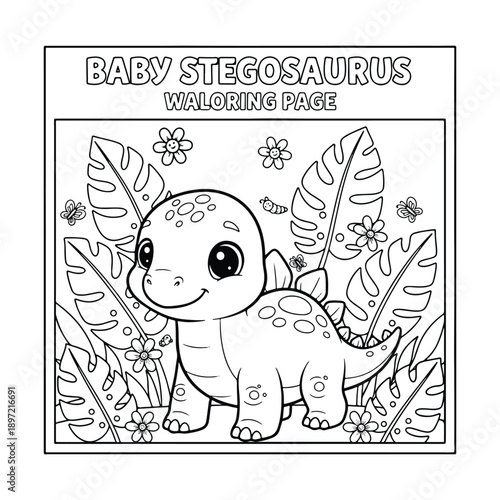 Baby Stegosaurus Walking Coloring Page, Cute Dinosaur Nature Scene Line Art