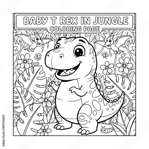 Baby T Rex in Jungle Coloring Page, Cute Dinosaur Scene Line Art for Kids