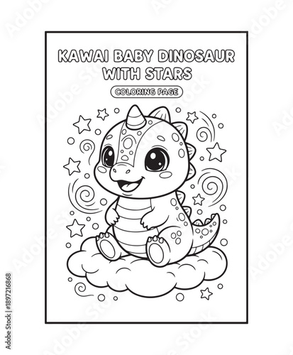 Kawaii Baby Dinosaur with Stars Coloring Page, Cute Cartoon Dinosaur Line Art