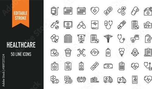 Set of Fifty Linear Healthcare Icons Representing Medical Services Clinical Care Pharmaceutical Medicine Hospital Equipment First Aid Wellness Treatment Diagnostic Tools and Pharmacy