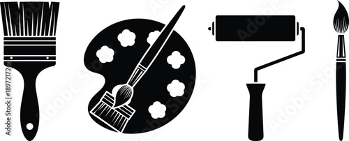 Black art tools silhouette set with paint brushes palette and roller cad drawing flat vector illustration isolated on white background
