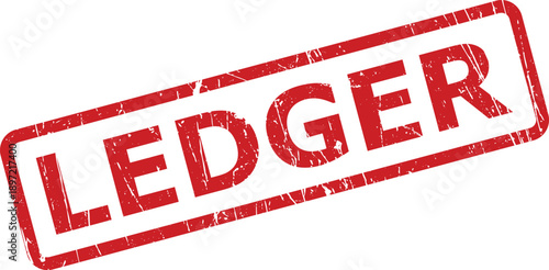 Distressed red rubber stamp displaying the word LEDGER on a clean white background