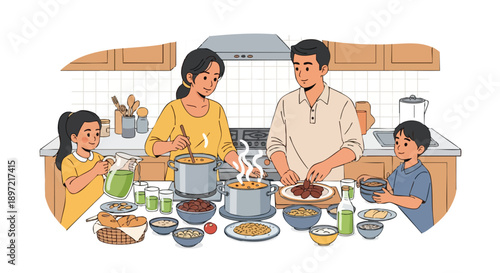 Vector illustration of a family preparing Iftar together in a kitchen with a warm atmosphere, celebrating Ramadan Kareem with traditional food and drinks.