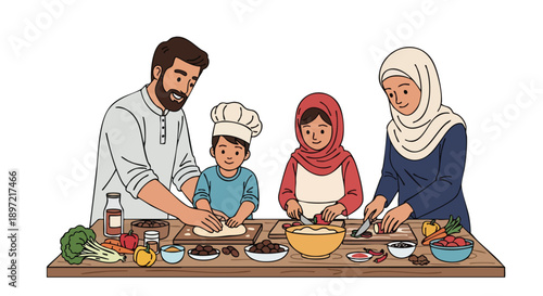A Muslim family prepares Iftar together in a kitchen with various food ingredients, Ramadan Kareem celebration.