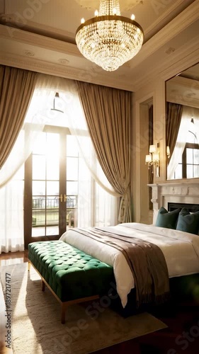 Wallpaper Mural Luxurious Bedroom With Deep Blue Tufted Headboard Elegant Crystal Chandelier and Green Velvet Bench Warm Sunlight Fills the Room Torontodigital.ca