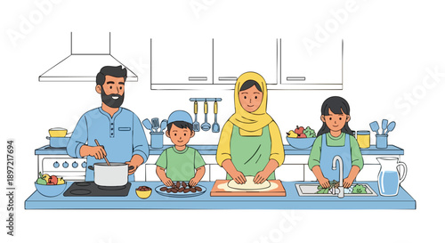 Vector illustration of a Muslim family preparing Iftar together in a modern kitchen with a warm atmosphere, Ramadan Kareem celebration.