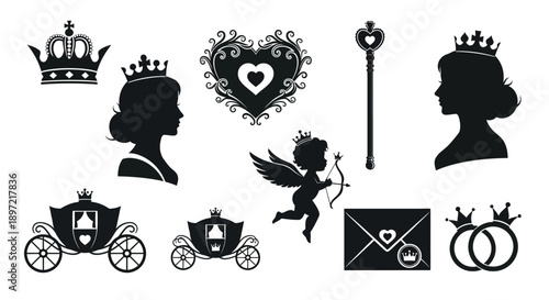 Wedding and love themed black silhouettes with crowns hearts carriage and romance symbols on white background for design