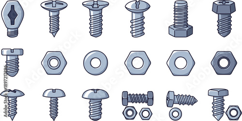 Set of metal screws, bolts, nuts, and fasteners in different shapes and sizes, hardware construction elements, detailed vector illustrations isolated on white