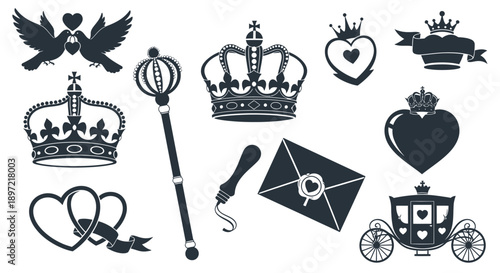 Black and white royal wedding clip art icons set with crowns hearts carriage and love symbols on white background