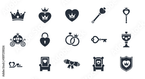 Collection of romantic and royal icons featuring hearts crowns love symbols and engagement elements