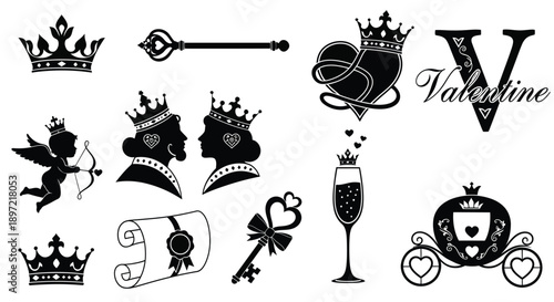 Valentine's day icons including crowns cherub hearts champagne and royal couples