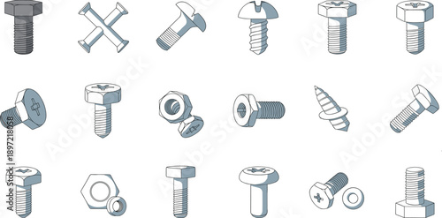 Set of metal bolts, screws, nuts, and fasteners in various types, industrial hardware elements for construction, repair, and mechanical engineering vector illustrations