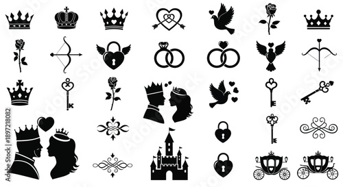 Wedding and love themed icons including couples hearts rings and castles in black on white background for marriage and relationship concepts